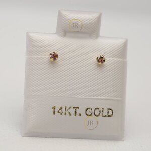 14K Yellow Gold Pink CZ Stud Earrings · 2 mm Small Round Earrings for Girls.